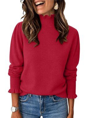 Cozy Fall Sweater for Women | Ruffle Mock Neck Puff Sleeve Pullover Top